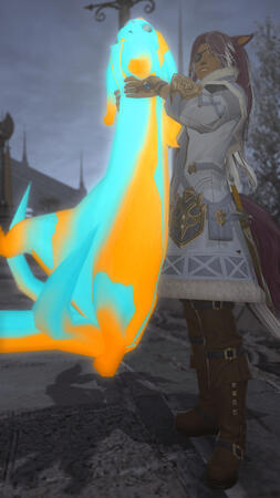 Lili'a, a miqo'te, is holding up a carbuncle and smiling. The carbuncle is very long, as if it were stretched, imitating the long cat meme. Lili'a is wearing a light coat and an eyepatch. They are in Ishgard, near house Fortemps.
