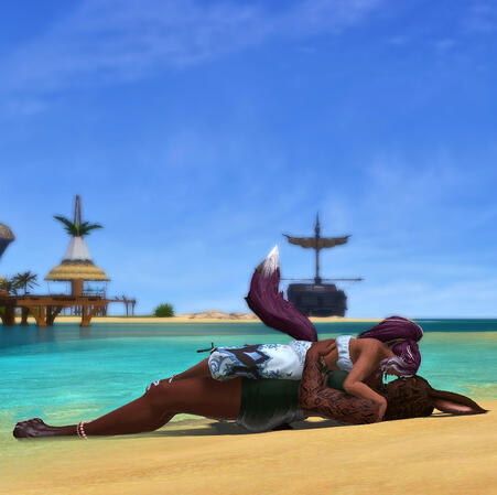 Emery and Lili'a are cuddling on the shore of Costa del Sol. Emery is wearing a plain, dark green bikini top and swimming trunks. She also has pears around her left ankle. Lili'a's swimsuit is similar, but his is a light blue and patterned.