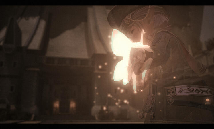 A lalafell, dressed like a Nymian scholar, is inside the Wanderer's Palace. They are slightly see through, as if a ghost. They appear distressed and are attempting to hug Eos, a scholar fairy. Eos is not transparent, and she is trying to comfort them.