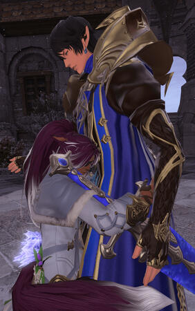 Outside house Fortemp, Lili'a is hugging Aymeric and wrapping her tail around his side. Aymeric appears surprised by this.