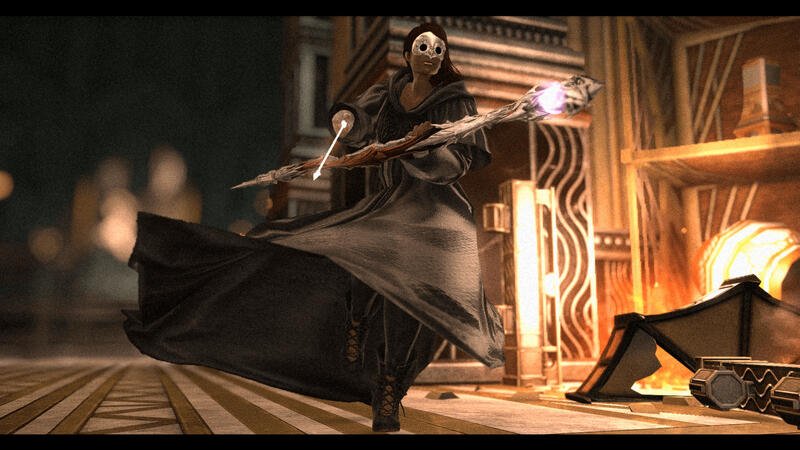 Ione, an Ancient, is running through the halls of the Akadaemia Anyder. She has her staff drawn and is wielding it like a bow while summoning an arrow of light. There is a broken lamp on the ground spouting fire.