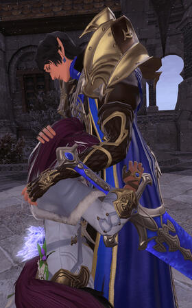 A continuation of the previous image. Aymeric accepts Lili'a's hug and embraces her in return, putting a hand on her hair as if petting it. Lili'a pulls on his robe a little tighter.