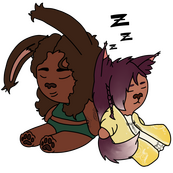 A simple drawing of Emery and Lili'a sleeping beside each other. Emery is a viera with dark brown skin and long, curly brown hair. Lili'a is a miqo'te with lighter brown skin and purple hair done in a braid. They are in pajamas.